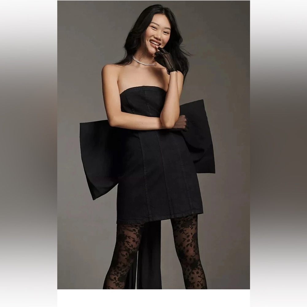 Pilcro Anthropologie Strapless Seamed Black Denim Mini Dress NWT Size 14 no bow